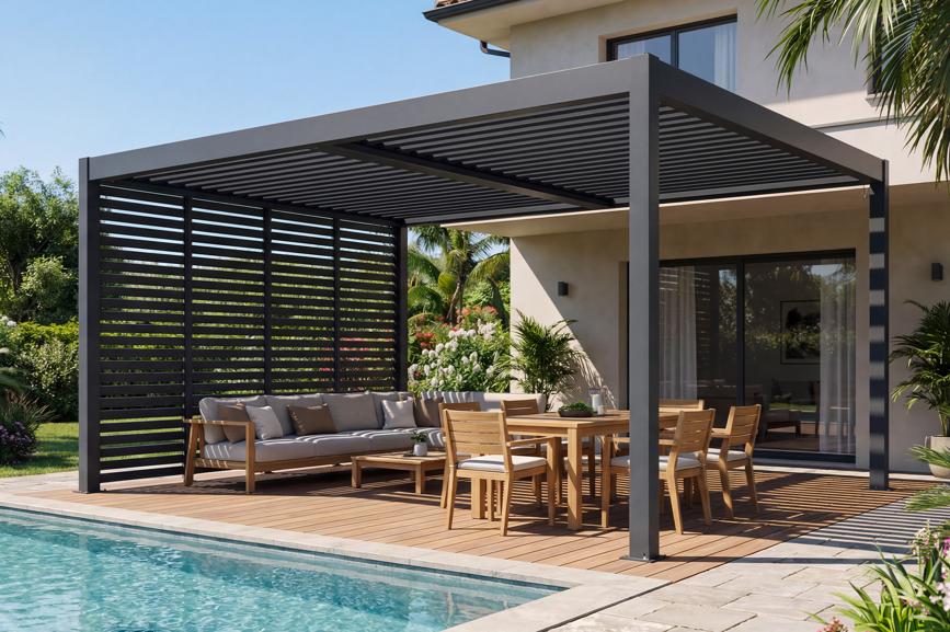 Pergola bioclimatique à lames orientables installée par Dumont Automatismes